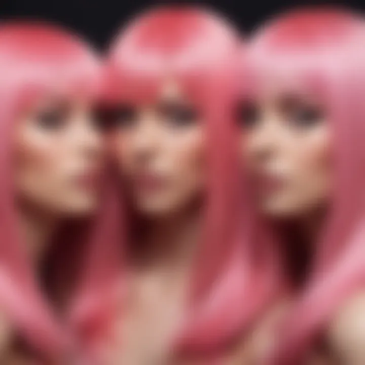 A side-by-side comparison of different long pink wig styles