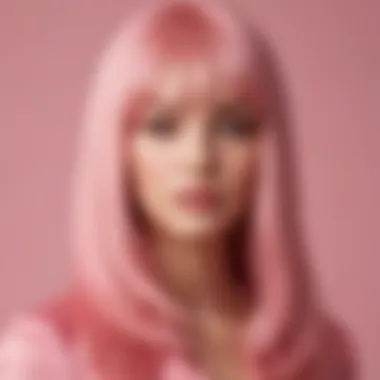 A stunning long pink wig elegantly styled against a pastel background