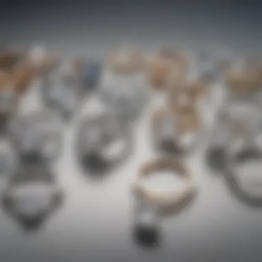 A collection of various styled rhinestone rings on display