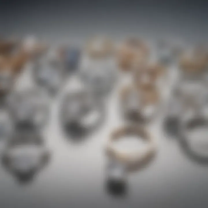 A collection of various styled rhinestone rings on display