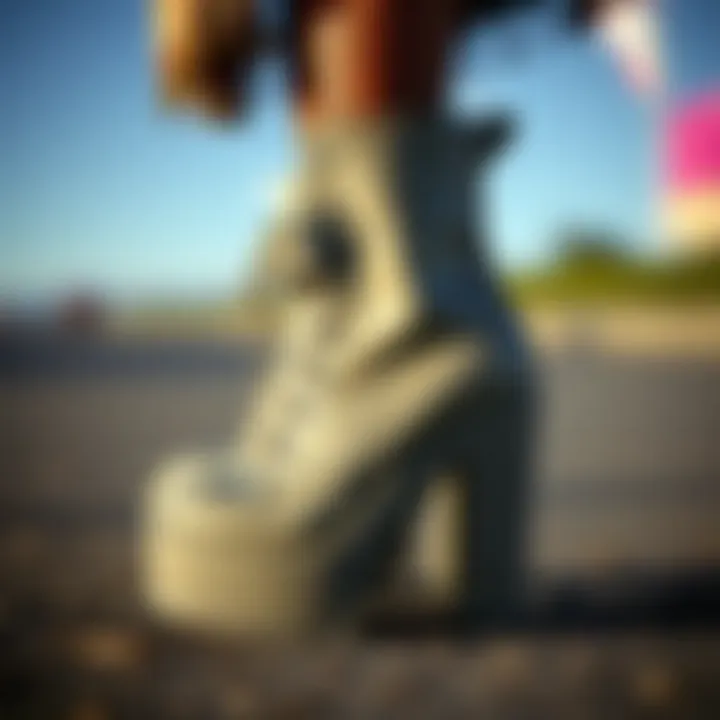 A close-up of unique platform boot designs