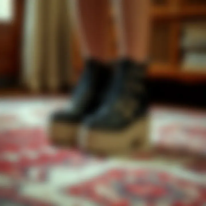 Elegant platform boots showcased on a vintage rug