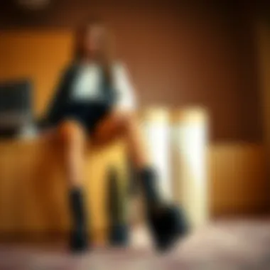 Stylish ensemble featuring platform boots in a fashion-forward setting