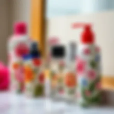 Assorted cute travel toiletry bottles with floral designs