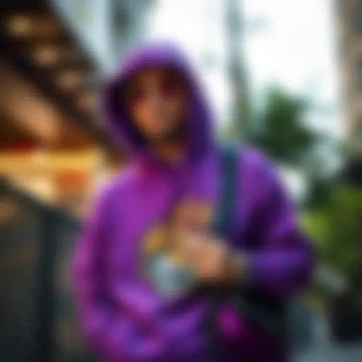 Creative Outfit with Purple Graphic Hoodie A creatively styled outfit featuring a purple graphic hoodie, paired with complementary accessories.