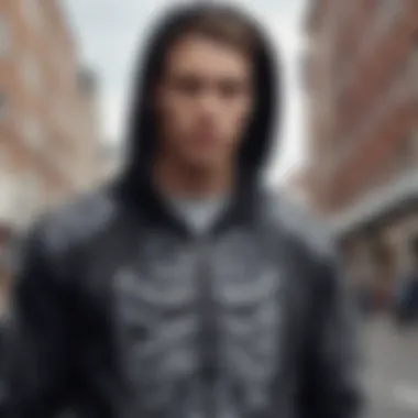 Urban Fashion with Skeleton Zip-Up Hoodie Person wearing a skeleton zip-up hoodie in an urban setting, illustrating modern fashion