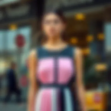 Stylish ensemble featuring a color block pleated dress paired with accessories