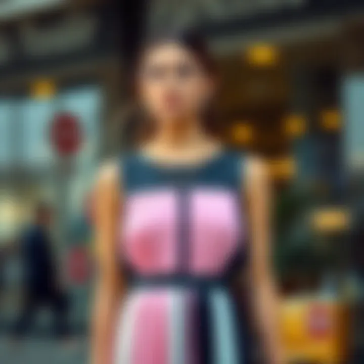 Stylish ensemble featuring a color block pleated dress paired with accessories