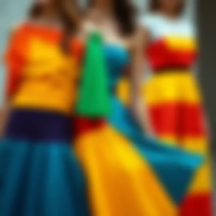 Color theory applied to color block pleated dresses highlighting color combinations