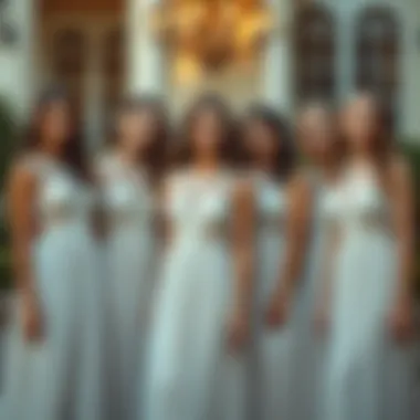 Stylish group of bridesmaids in coordinating mesh dresses