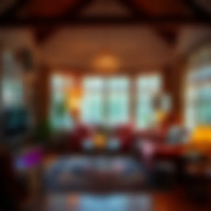 A vibrant bohemian living room adorned with eclectic decor and warm lighting