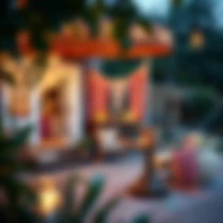 A beautifully decorated bohemian outdoor space with creative lighting elements