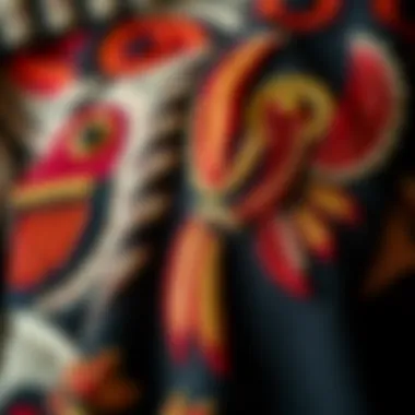 Close-Up of Totemic Embroidery A close-up view of totemic motifs embroidered on garments, highlighting craftsmanship