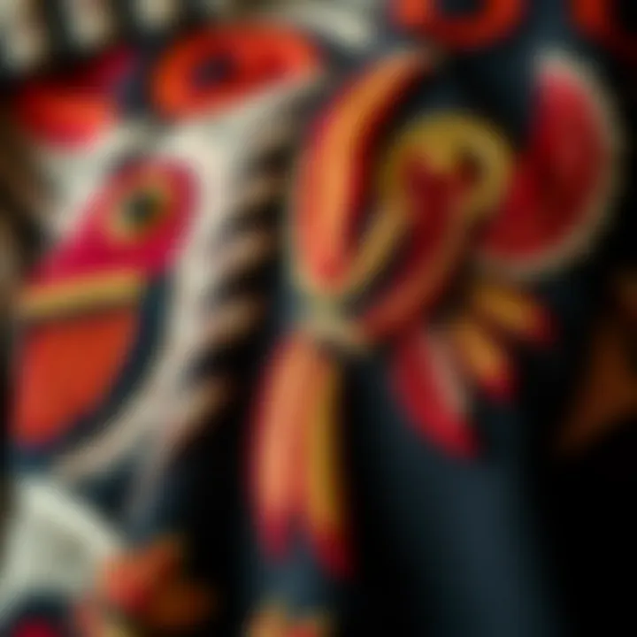 Close-Up of Totemic Embroidery A close-up view of totemic motifs embroidered on garments, highlighting craftsmanship
