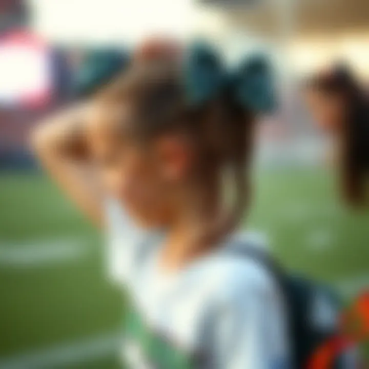 A young fan styling their hair with football-themed bows before a game