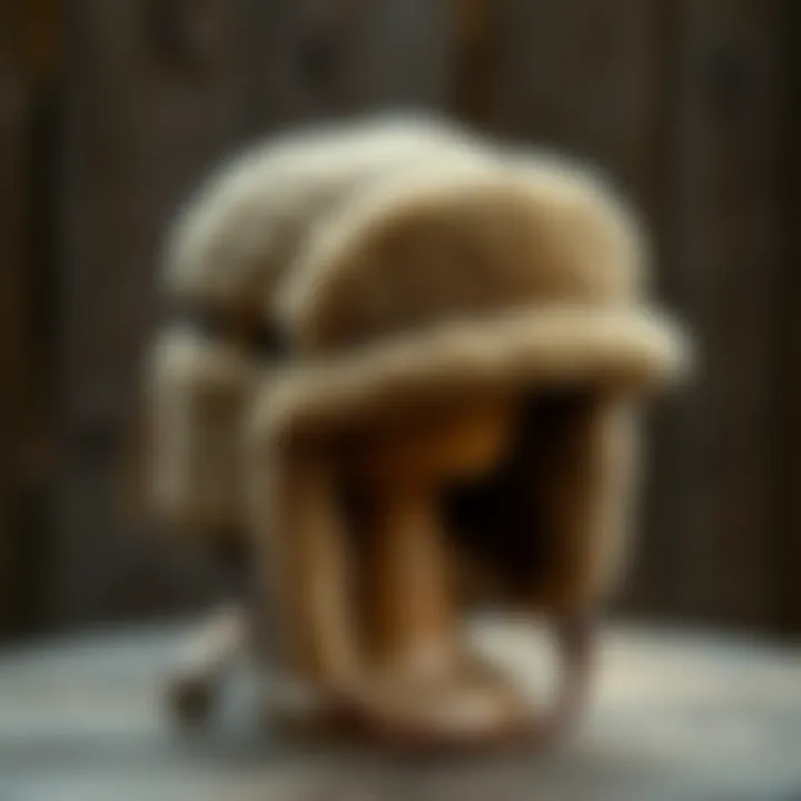 Vintage Wool Trapper Hat A vintage wool trapper hat displayed against a rustic backdrop