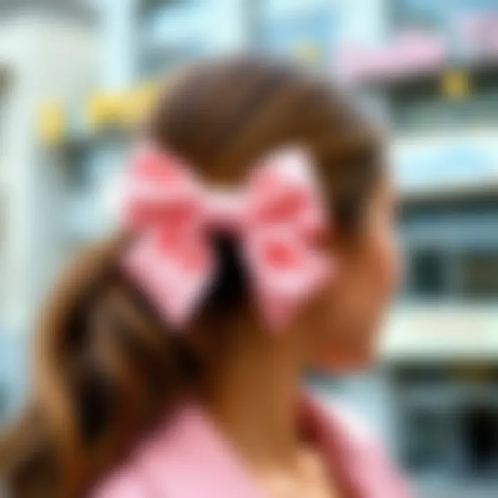 Close-up of a pink bow hair clip in use, adding flair to an outfit