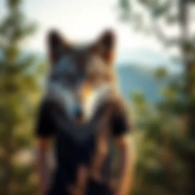 A stylish wolf t-shirt displayed against a nature backdrop.