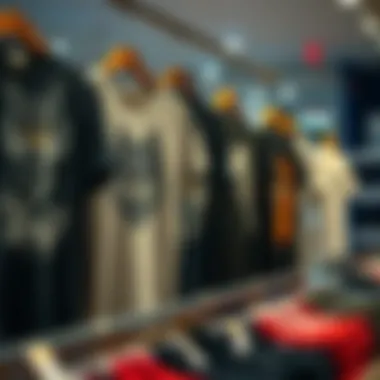 A collection of wolf t-shirts displayed in a fashion store.