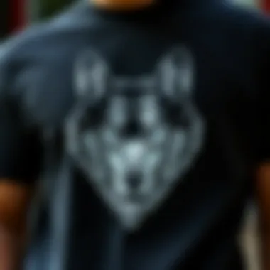 A close-up of wolf-themed graphic on a t-shirt.