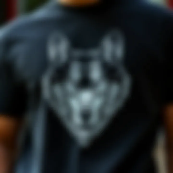 A close-up of wolf-themed graphic on a t-shirt.