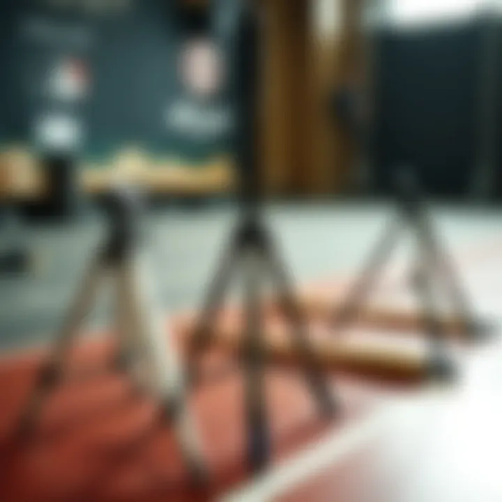 Different variations of tripod baseball tees laid out for comparison