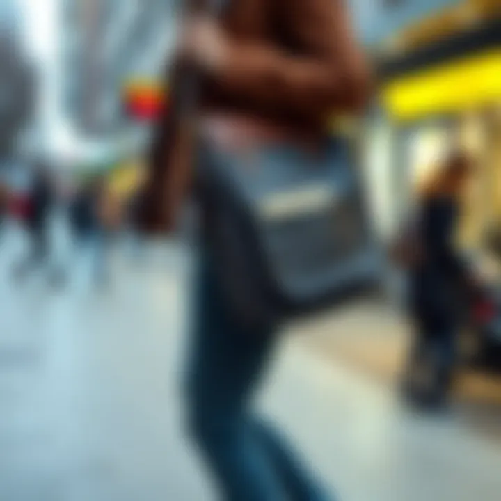 On-the-Go Utility of Organizer Purses Person using a purse with organizer pockets while on the go