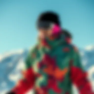 Woman skiing in a vibrant camo jacket against a mountain backdrop