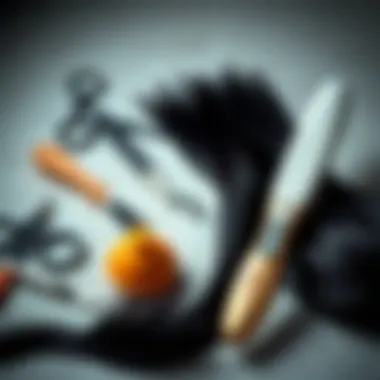 An artistic arrangement of styling tools next to black straight hair extensions