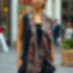 Elegant sleeveless kimono vest draped over a stylish outfit