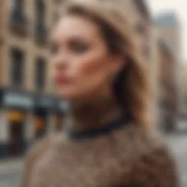 Fashion influencer showcasing leopard print turtleneck in a city setting