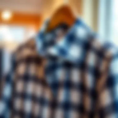 A stylish white and blue plaid shirt on a hanger, showcasing its fabric texture.