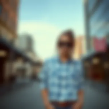 A fashionably dressed individual wearing a white and blue plaid shirt in an urban setting.