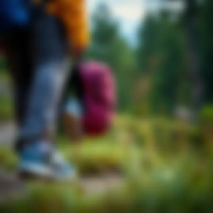 User testing a travel backpack with shoe compartment during a hike