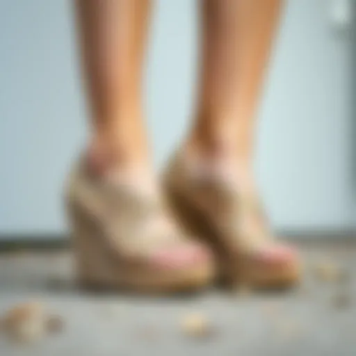 Sophisticated beige wedge shoes with intricate detailing