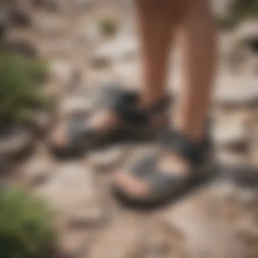 Stylish hiking sandals on rocky terrain