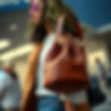 A fashionable ensemble featuring a bucket bag with a guitar strap paired with trendy attire