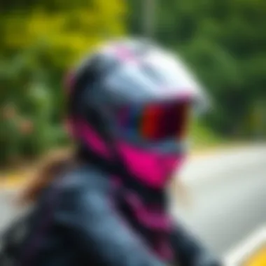 A fashionable rider wearing a pink and black motorcycle helmet on the road.