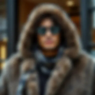 Stylishly layered look featuring a faux fur hoodie with accessories