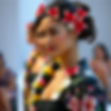 A fashion runway featuring models wearing outfits complemented by flower clips