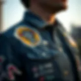 A close-up view of a graphic jean jacket with intricate designs and patches