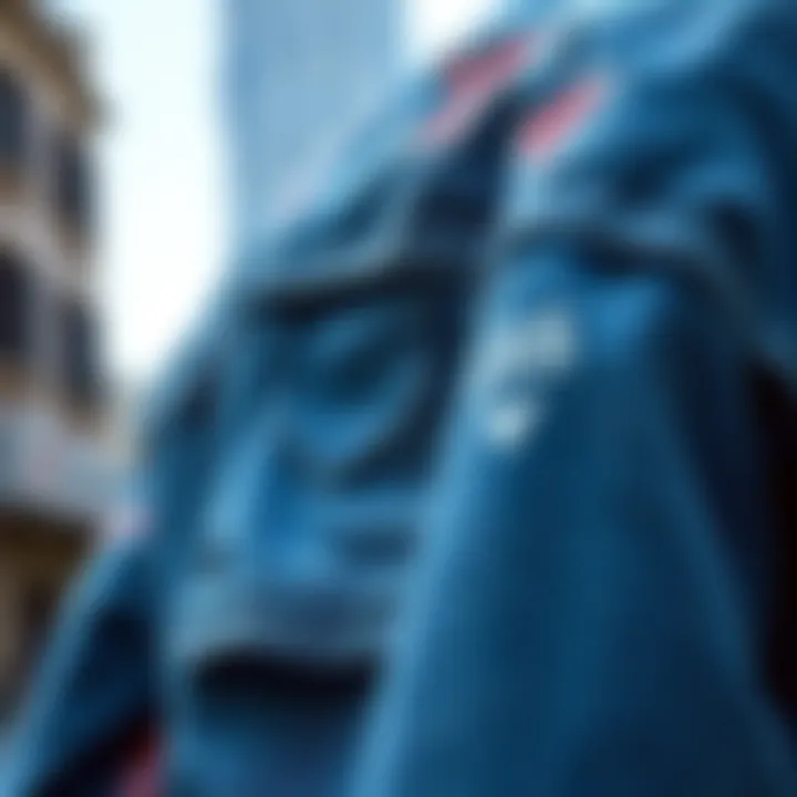 Close-up of fabric texture of a graphic jean jacket