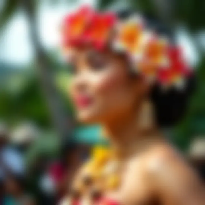 Traditional Hawaiian dancer adorned with flower clips, symbolizing cultural heritage