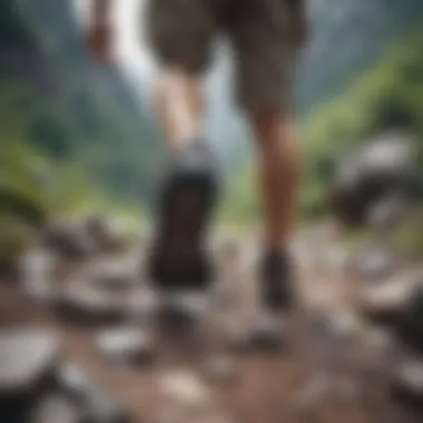 Hiker navigating rocky terrain wearing specialized footwear