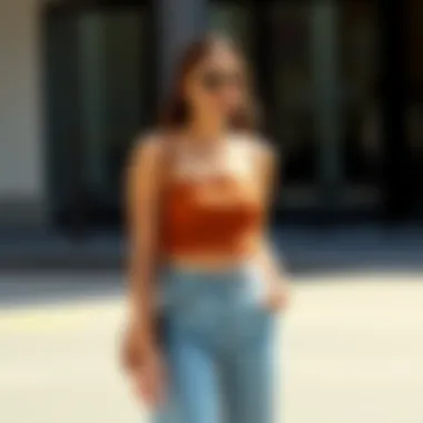 A stylish outfit featuring a loose tube top paired with high-waisted denim