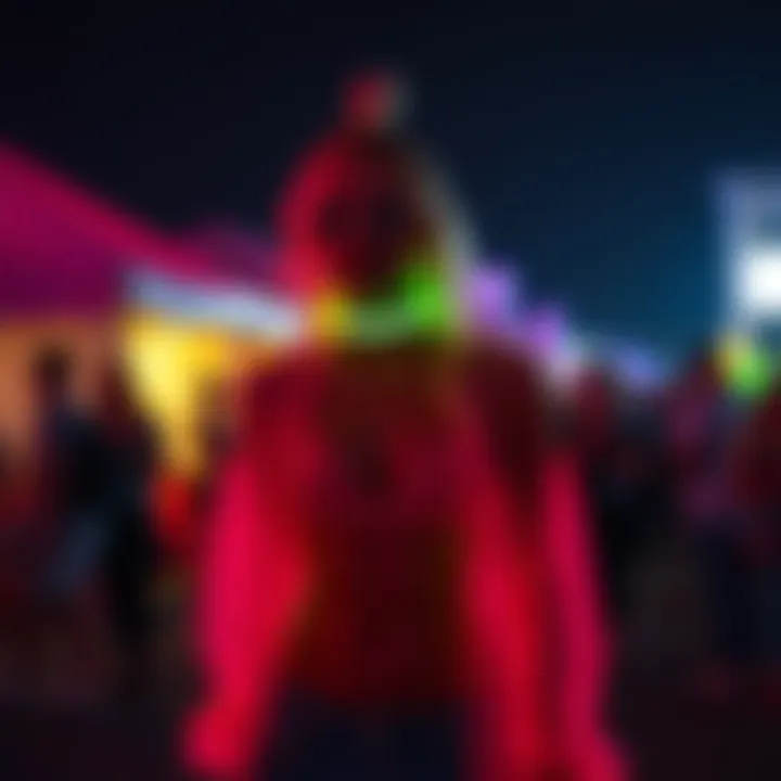 Fashion Meets Luminescence at Night A stylish outfit featuring glow-in-the-dark accents at a nighttime festival