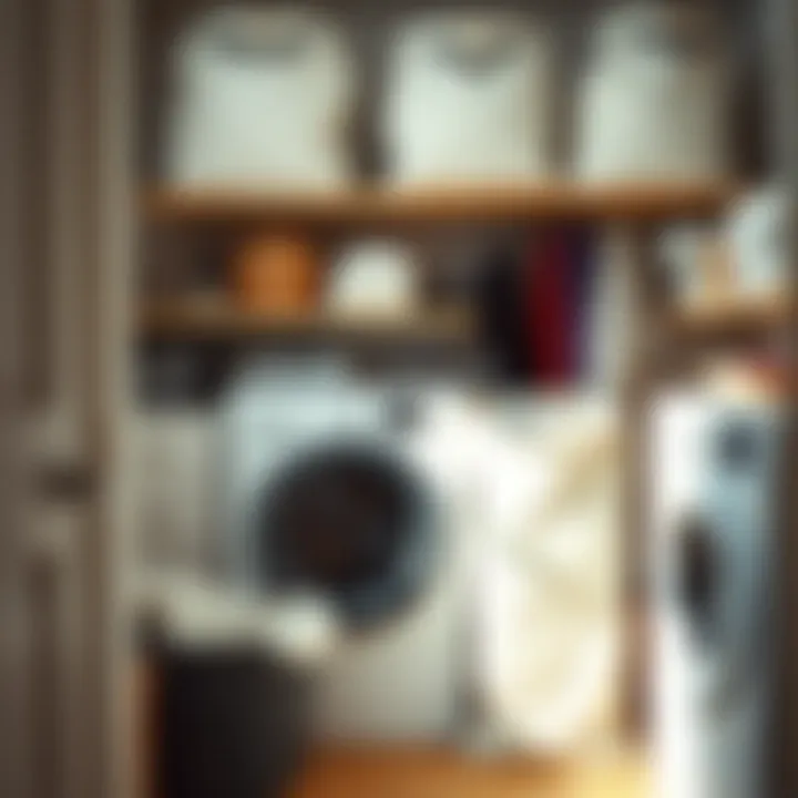 Organized laundry space featuring extra large canvas bags