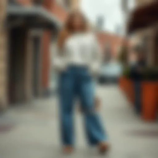 Elegant display of plus size loose fit jeans styled with an oversized sweater.