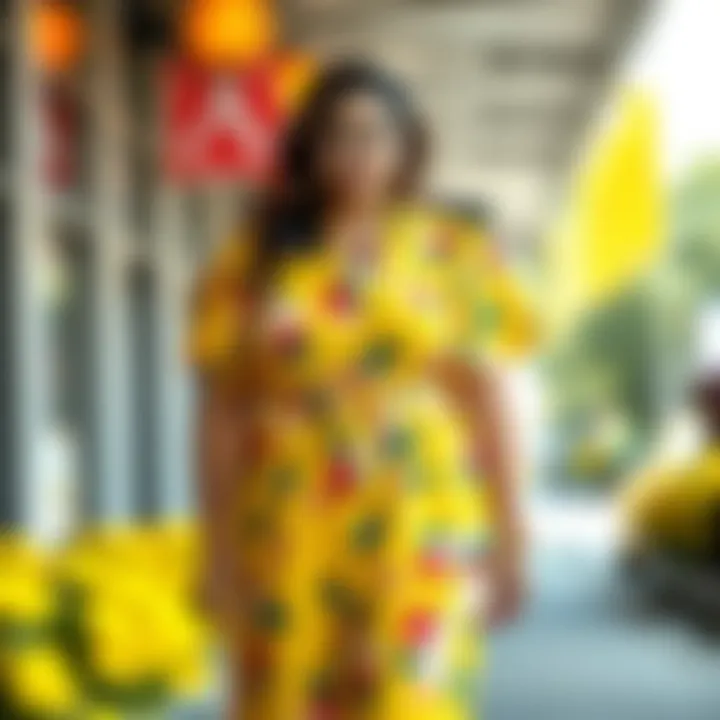 Vibrant display of a plus size yellow floral dress on a model