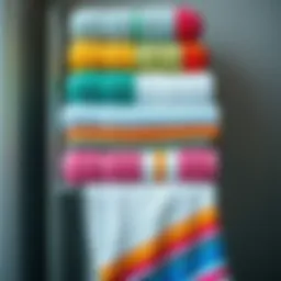 A vibrant display of rainbow towel sets arranged elegantly on a bathroom rack.